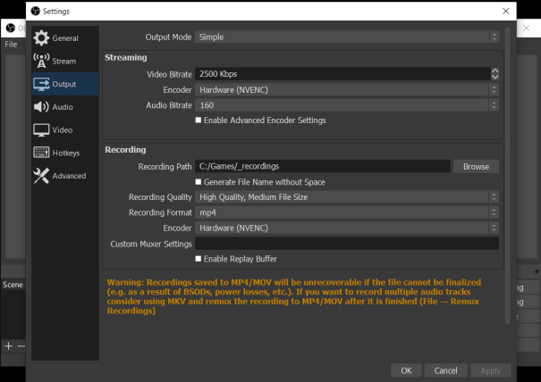 Settings for Output Recording